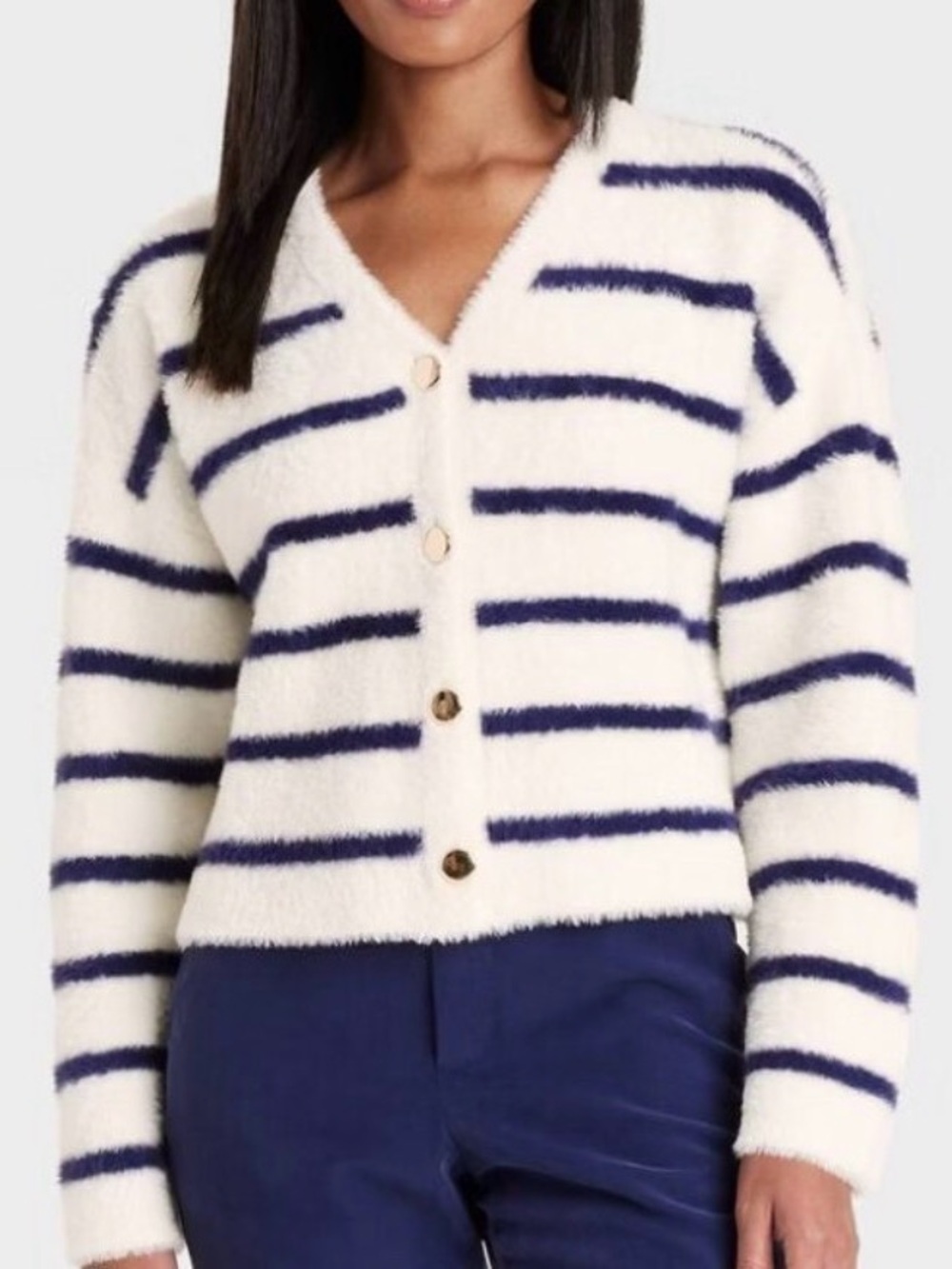 Size Small A New Day Fuzzy Party Striped Womens Cardigan. Navy and White